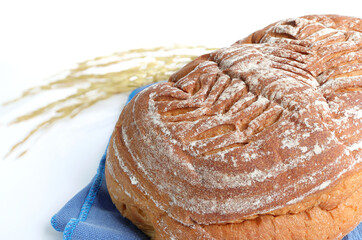 Fresh homemade crisp bread, loaf of bread on the table. Healthy homemade pastry. Top view.