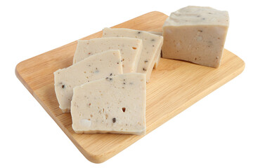 Sliced vietnamese pork sausage,vietnamese steamed pork on wood cutting board isolated on white background with clipping path.