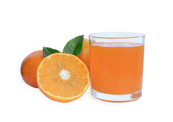 Close up of fresh orange slices and fresh orange juice on white background. 