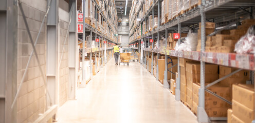 The Back view of Asian man pushing the cart trolley that carried boxes for arrange and put on the shelf in the warehouse.