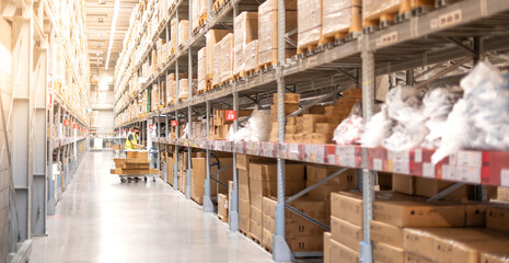 The view of asian man pushing the cart trolley that carried box for arrange and put on the shelf in the warehouse.