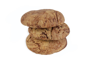 Chocolate chip cookies on white background with clipping path. Sweet biscuits. Big chewy soft chocolate cookie.