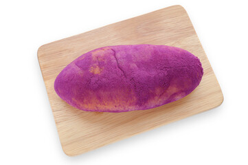Korean sweet potato bread on a wooden cutting board with clipping path. Sweet potato bread made from sweet potato flour. view from above.