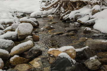 A stream in the snow in winter.