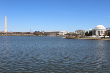 Fototapeta na wymiar Sunny Washington Monument Jefferson Memorial West Potomac Park