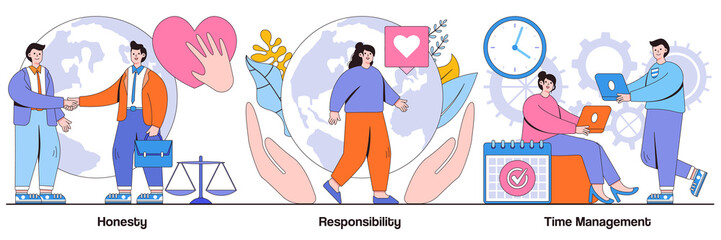 Honesty, Responsibility, Time Management with People Characters Illustrations Pack