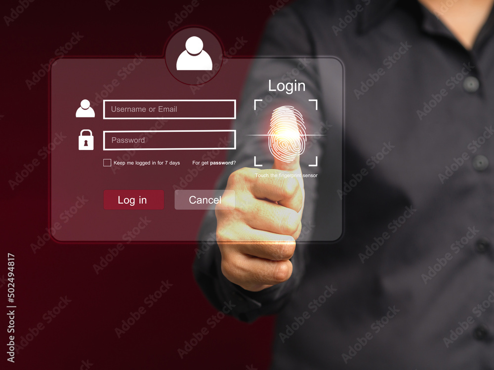 Poster a worker scans fingerprint biometric identity to access personal data