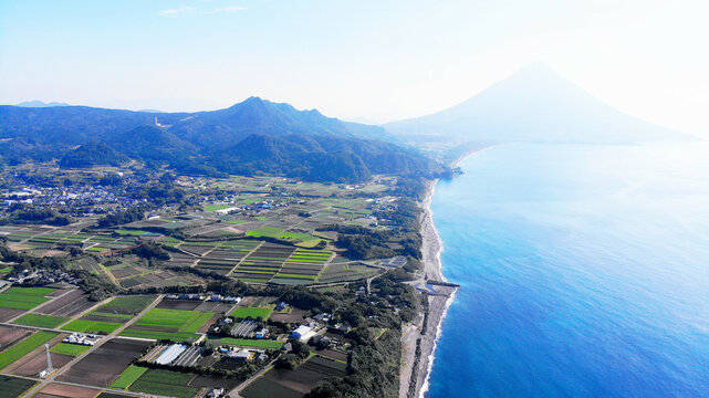 Aerial drone view of Satsuma Peninsula and Mt.Kaimon
(Kaimondake) in Kagoshima, Japan