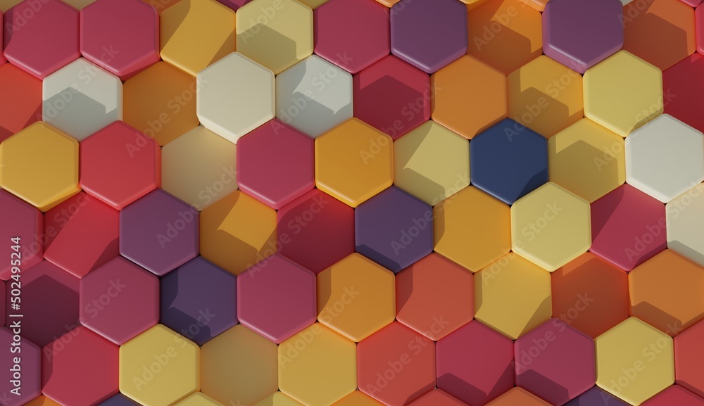Fototapete vibrant multi color toy background wallpaper collection hexagonal pattern.3d render image with textu