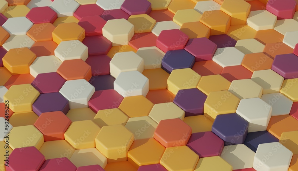 Fototapete vibrant multi color toy background wallpaper collection hexagonal pattern.3d render image with textu