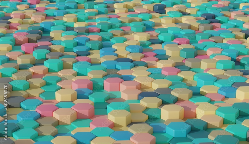 Fototapete vibrant multi color toy background wallpaper collection hexagonal pattern.3d render image with textu