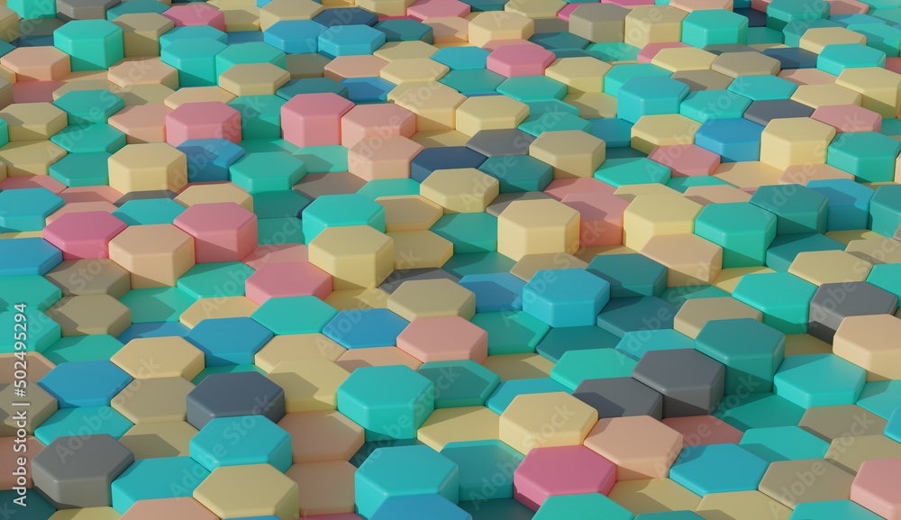 Fototapete vibrant multi color toy background wallpaper collection hexagonal pattern.3d render image with textu