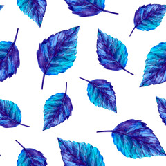 Seamless pattern with blue leaves of different sizes on a white background, drawn in watercolor.