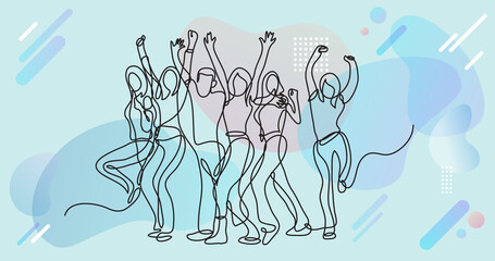 continuous line drawing of cheering crowd