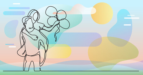 couple with balloons - continuous line drawing