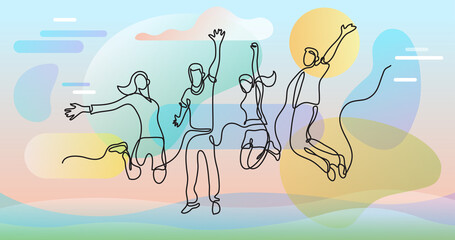 Fototapeta na wymiar continuous line drawing of four jumping happy team members