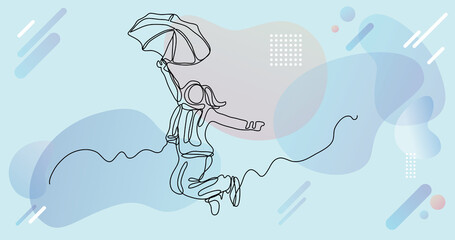 continuous line drawing of jumping happy woman with umbrella