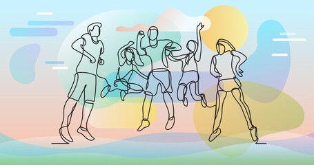 continuous line drawing of happy teenagers jumping and having fun