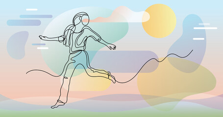 continuous line drawing of happy running woman