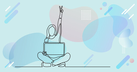 continuous line drawing of woman with laptop showing victory sign