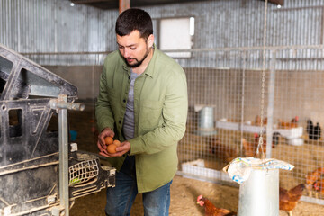 Portrait of positive man farmer collecting chickens eggs at farm
