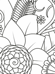 Doodle floral in black and white. A page for coloring book: very interesting and relaxing job for children and adults. Zentangle drawing. Flower carpet in a magic garden