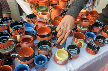 KOLKATA, WEST BENGAL , INDIA - JANUARY 12TH 2014 : Terracotta cups, Artworks of handicraft, on...