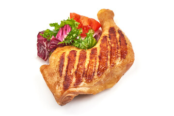 Roasted chicken quarters with mix salad, isolated on white background.