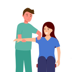 Physiotherapy or injury rehabilitation treatment concept vector illustration. Physiotherapist help female patient to do physiotherapy exercise.