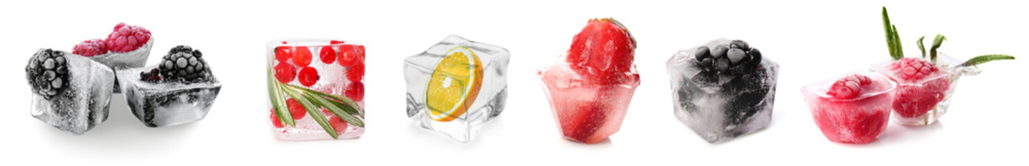 Frozen fruits in ice cubes on white background
