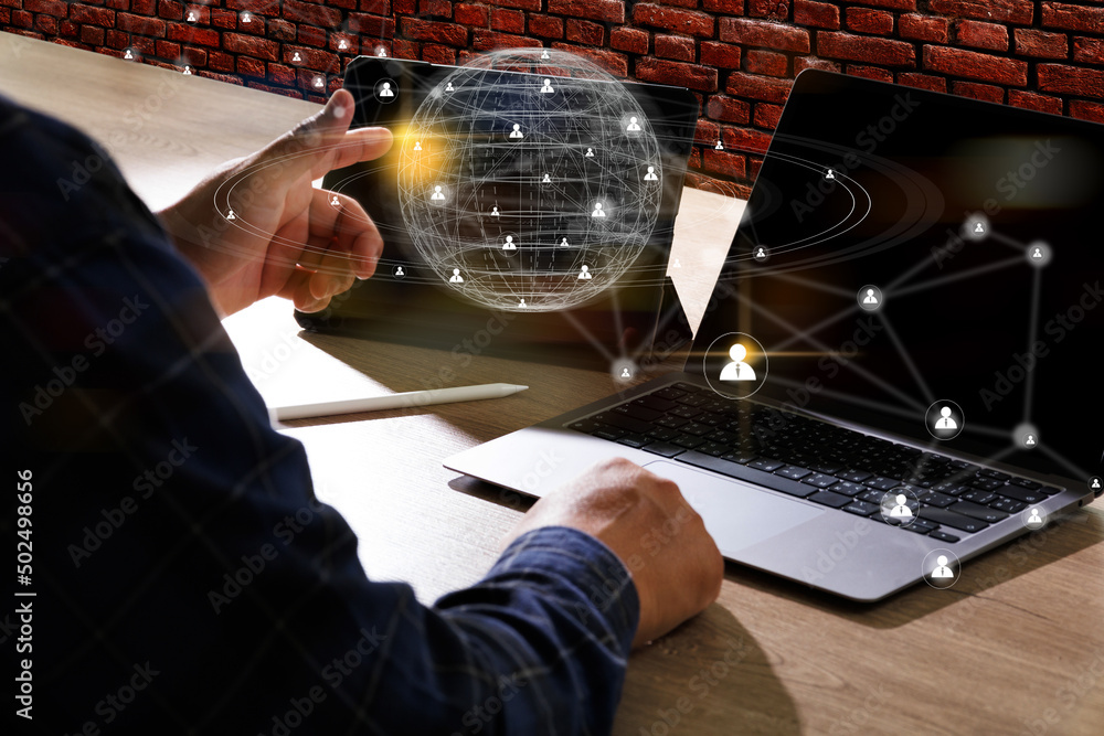 Poster business global internet connection businessman using phone on application technology communication 