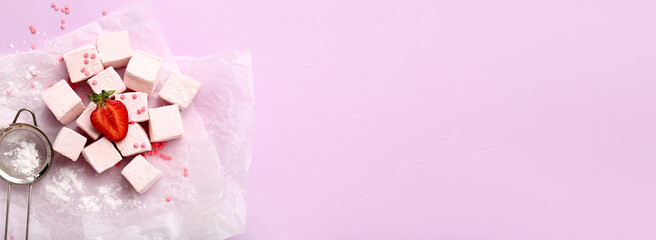 Tasty strawberry marshmallow on color background with space for text