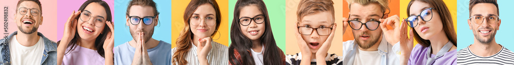 Wall mural Set of different people wearing eyeglasses on colorful background