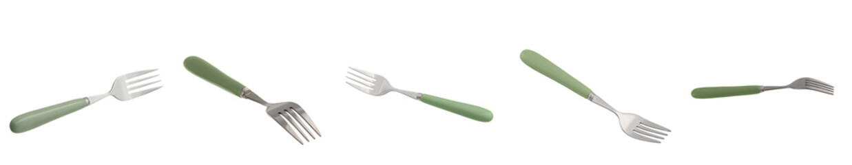 Set of flying forks on white background