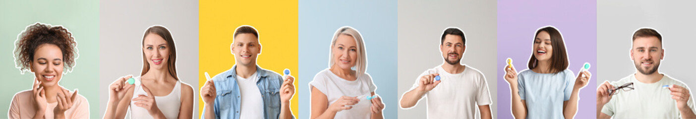 Set of different people with contact lenses and eyeglasses on colorful background