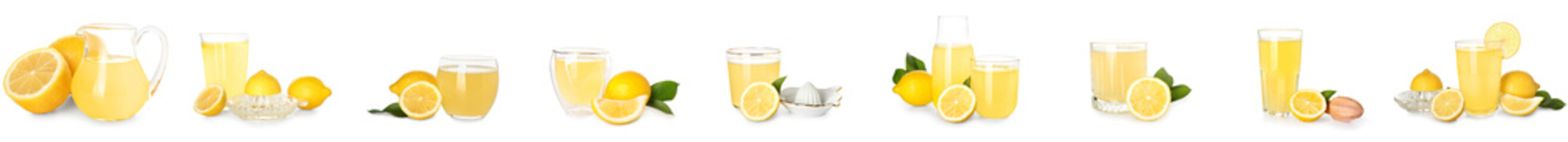 Set of fresh lemon juice isolated on white