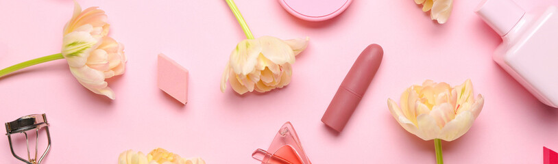 Beautiful tulips and decorative cosmetics on pink background