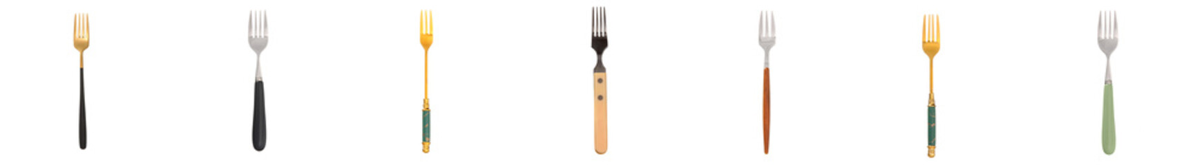 Set of stylish forks on white background