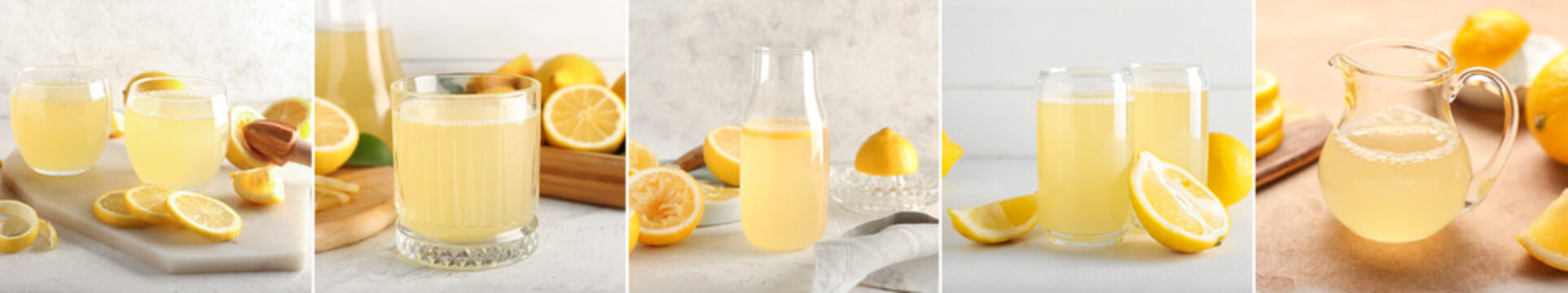 Set of fresh lemon juice on light background
