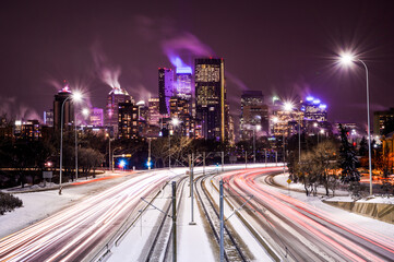 Calgary skyline with long exposure traffic on winter night