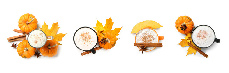 Set of cups with tasty pumpkin latte on white background, top view