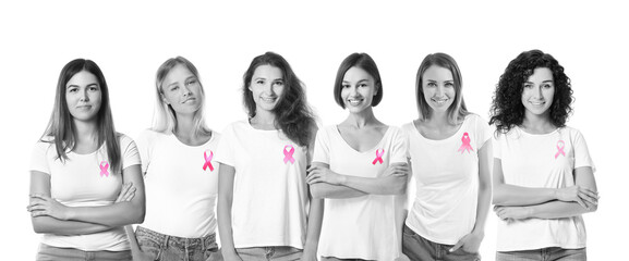 Many women with pink ribbons on white background. Breast cancer awareness