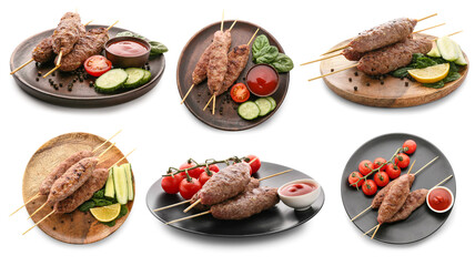 Set of skewers with tasty lula kebab isolated on white