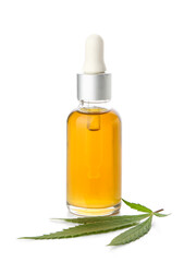 Bottle of essential hemp oil and leaf on white background