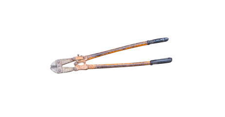 Old rusty hand with tool bolt cutters isolated on white background , clipping path