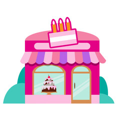 Cake shop facade. Pink cake shop. Vector illustration. Sweet's shop. Market's facade. Cute store. Confectionery Sighboard. Isolated vector. Retro style shop. Flat vector. Store with glass windows.
