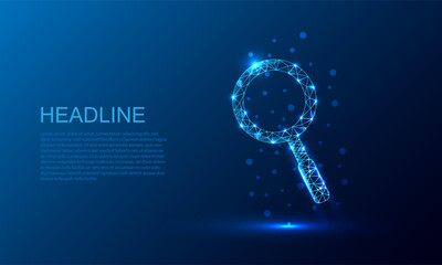 Magnifying glass or search icon.Low poly style design.Wireframe light connection structure. Modern 3d graphic. Vector illustration.