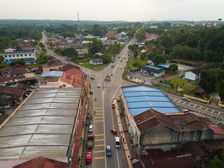 Aerial drone view of townscape and residential area in Selandar, Jasin, Melaka, Malaysia.