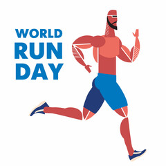 World running day. Strong strong male athlete runs. Stylized drawing. Vector graphics