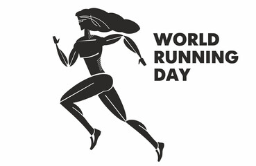 Fototapeta na wymiar World running day. Strong stylish woman athlete runs. Stylized silhouette. Vector graphics